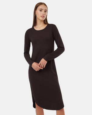 Black-Shirttail-Hem-Knee-Length-Long-Sleeve-Dress