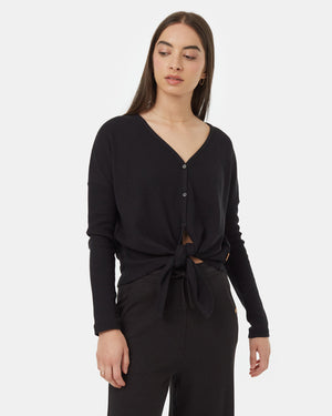 Black-V-Neck-Long-Sleeve-Tie-Front-Top