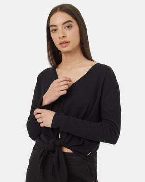 Black-V-Neck-Long-Sleeve-Tie-Front-Top