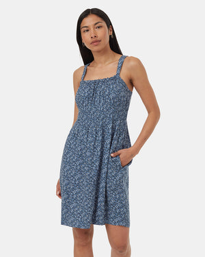 Blue-Knee-Length-Crepe-Smocked-Waist-Tank-Dress