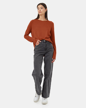 Brown-Crew-Neck-Shirttail-Hem-Long-Sleeve-Top