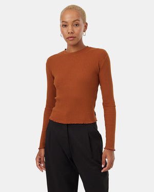 Brown-High-Crew-Neck-Ribbed-Long-Sleeve-Top