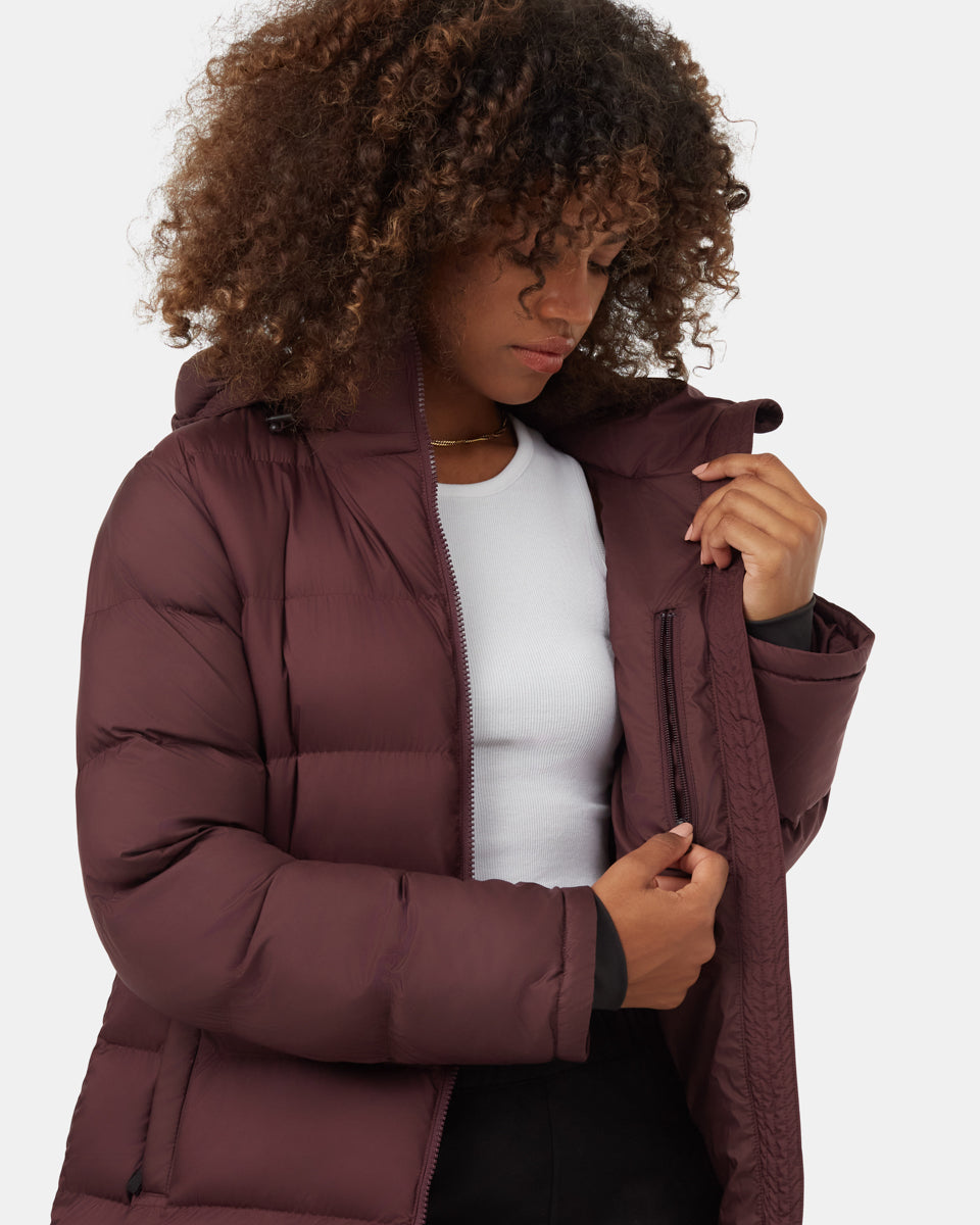 Burgundy long puffer coat sale