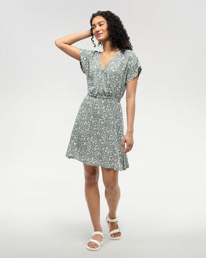 Green-Knee-Length-V-Neck-Patterned-Wrap-Dress