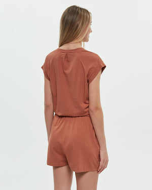 Orange-V-Neck-Drawstring-Waist-Romper