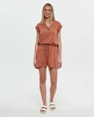 Orange-V-Neck-Drawstring-Waist-Romper