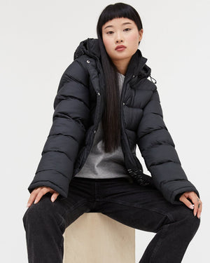 Black Water-Resistant Mid-Length Puffer Jacket