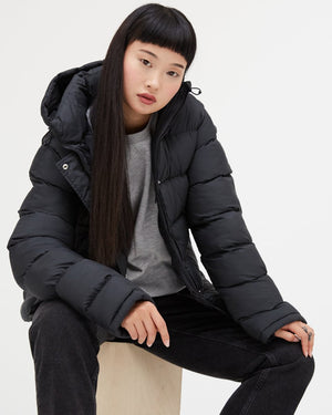 Black Water-Resistant Mid-Length Puffer Jacket