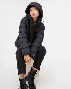 Black Water-Resistant Mid-Length Puffer Jacket