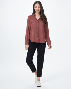 Red Women's Tencel Long Sleeve Button Up